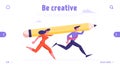 Project Planning and Office Daily Routine Website Landing Page. Businesswoman and Businessman Carry Huge Pencil