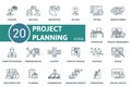 Project Planning thin line icon set. Thinking, Dialogue, Imagination, Big Idea, Testing, Brainstorming, Workplace