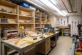 project room filled with tools, materials, and projects of various levels of completion