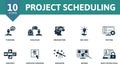 Project Scheduling icon set. Thinking, Dialogue, Imagination, Big Idea, Testing, Content, Creative Process, Discover