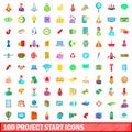 100 project start icons set, cartoon style