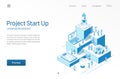 Project Start Up. Business people teamwork. Success startup modern isometric line illustration. Development process