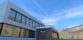 The project of a stunning technological house in the mountainous region of Dagestan. There are white stripes of a flying plane in Royalty Free Stock Photo