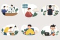 Working at home, concept illustration. Freelance people working on laptops and computers from home. Flat style vector illustration Royalty Free Stock Photo