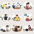 Working at home, concept illustration. Freelance people working on laptops and computers from home. Flat style vector illustration Royalty Free Stock Photo
