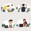 Working at home, concept illustration. Freelance people working on laptops and computers from home. Flat style vector illustration Royalty Free Stock Photo