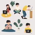 Working at home, concept illustration. Freelance people working on laptops and computers from home. Flat style vector illustration Royalty Free Stock Photo