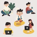 Working at home, concept illustration. Freelance people working on laptops and computers from home. Flat style vector illustration