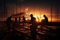 Project synergy Construction engineer, contractor, teamwork silhouette on construction site