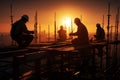 Project synergy Construction engineer, contractor, teamwork silhouette on construction site