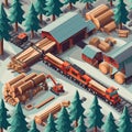 Project teamwork at sawmills. isometric illustration