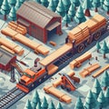 Project teamwork at sawmills. isometric illustration