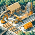 Project teamwork at sawmills. isometric illustration