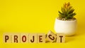 Project word letters on wooden blocks on a yellow table.