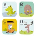 Alphabet printable flashcards vector collection with letter A to D. Cute vector Zoo alphabet with animals in cartoon style. Royalty Free Stock Photo