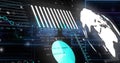 Projecting analytics dashboard on dark backdrop, showing month bars, globe, HUD frames, code Royalty Free Stock Photo