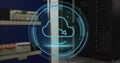 Projecting blue cloud sync HUD over server racks in data center, showing orange cable bundle Royalty Free Stock Photo