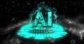 Projecting glowing AI letters hovering above platform in digital data environment, with binary code Royalty Free Stock Photo