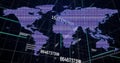 Projecting purple pixel world map on dark grid plane, streaming green grid lines and codes Royalty Free Stock Photo