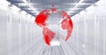 Projecting red digital globe over server racks in data center corridor, showing numeric UI bars Royalty Free Stock Photo