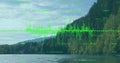 Projecting translucent green waveform overlay across lake and mountain ridges with floating data Royalty Free Stock Photo