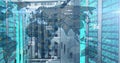 Projecting transparent network overlay across data center server racks, with binary code streams Royalty Free Stock Photo