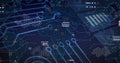 Projecting world map at futuristic HUD, showing network lines, data clusters, grids, warning icons Royalty Free Stock Photo