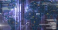 Projecting world map overlay with network nodes and code snippets over server racks in data center Royalty Free Stock Photo