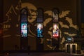 Projection with spooky motives on building exterior of Franz Jager Bar and Club in Sweden.