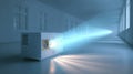 A projector blasts light down a stark white hallway, illuminating the space Royalty Free Stock Photo