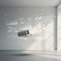 A projector is displayed in a minimalist room, casting data visualizations and graphs Royalty Free Stock Photo