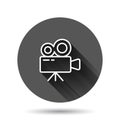 Projector icon in flat style. Cinema camera vector illustration on black round background with long shadow effect. Movie circle