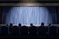 Projector light on blue backstage with copyspace in performance hall and spectators on seats. 3D rendering, mock up Royalty Free Stock Photo