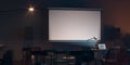 Projector screen canvas in modern cozy cafe. 3d rendering. Front view. Night time. Close up Royalty Free Stock Photo