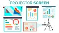 Projector Screen Set Vector. Presentation With Graph. Whiteboard. Seminar, Lecture, Business Conferences, Training Staff