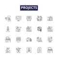 Projects line vector icons and signs. Implement, Create, Manage, Execute, Design, Developing, Construct, Developed