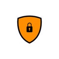 Black and orange filled secure digital shield vector logo with padlock.