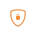 Outline orange secure digital shield vector logo with padlock. Royalty Free Stock Photo