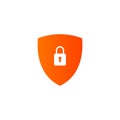 Filled strong orange gradient secure digital shield vector logo with white padlock.