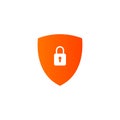 Filled strong orange gradient secure digital shield vector logo with white padlock. Royalty Free Stock Photo