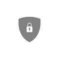 Grey secure digital shield vector logo with white padlock.