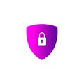 Filled strong pink gradient secure digital shield vector logo with white padlock.
