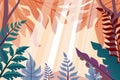 Sunlight streaming through forest leaves, colorful foliage in morning light, vector illustration Royalty Free Stock Photo