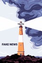 Lighthouse shining truth through fake news, concept of media integrity and reliable information, vector illustration Royalty Free Stock Photo
