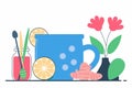 Lemon ginger tea with honey in blue mug, flat vector healthy drink illustration with citrus slices and jar Royalty Free Stock Photo