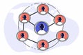 Connected user network with central profile node, social community and teamwork connection concept flat vector illustration Royalty Free Stock Photo