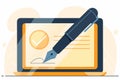 Electronic signature concept with digital document on laptop and fountain pen, online contract approval flat vector illustration Royalty Free Stock Photo