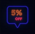 5%. five percent discount. neon style. Selling special offers. A neon style balloon Royalty Free Stock Photo