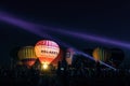 Festive night glow of balloons near the belfry at the memorial complex `Prokhorovskoe pole tank battle field`