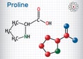 Proline L- proline, Pro , P proteinogenic amino acid molecule. Sheet of paper in a cage. Structural chemical formula and